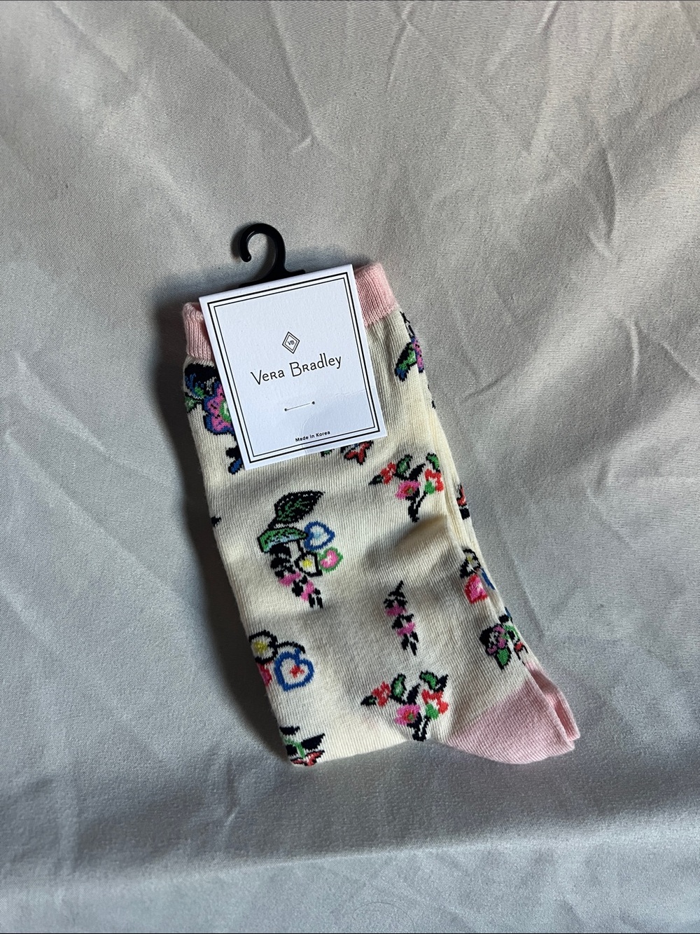 Vera Bradley Cream Floral Crew Socks with Pink Trim